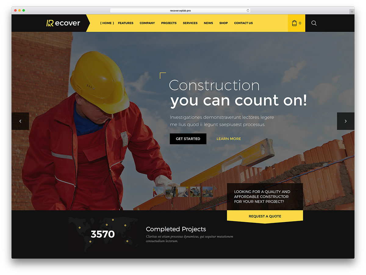 web design for construction company - recover construction company website wp template